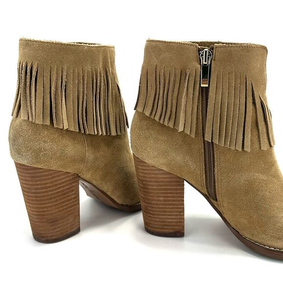 Neiman Marcus Avale Tan Ankle Boot Size 8 Suede Fringes Block High Heel Bootie - Picture 10 of 15